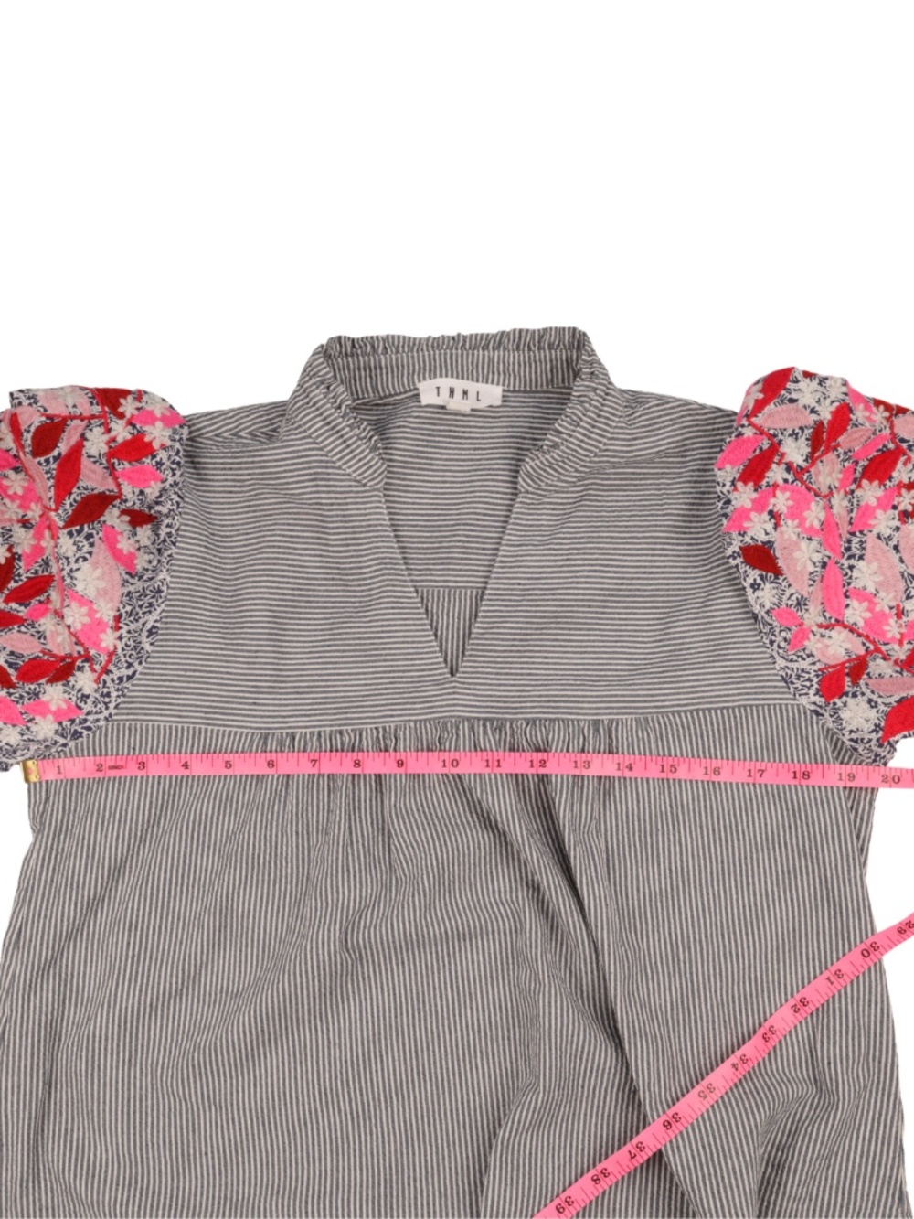 THML Striped Floral Balloon Sleeve Blouse Medium Boho Puff Sleeve Top - Picture 4 of 8